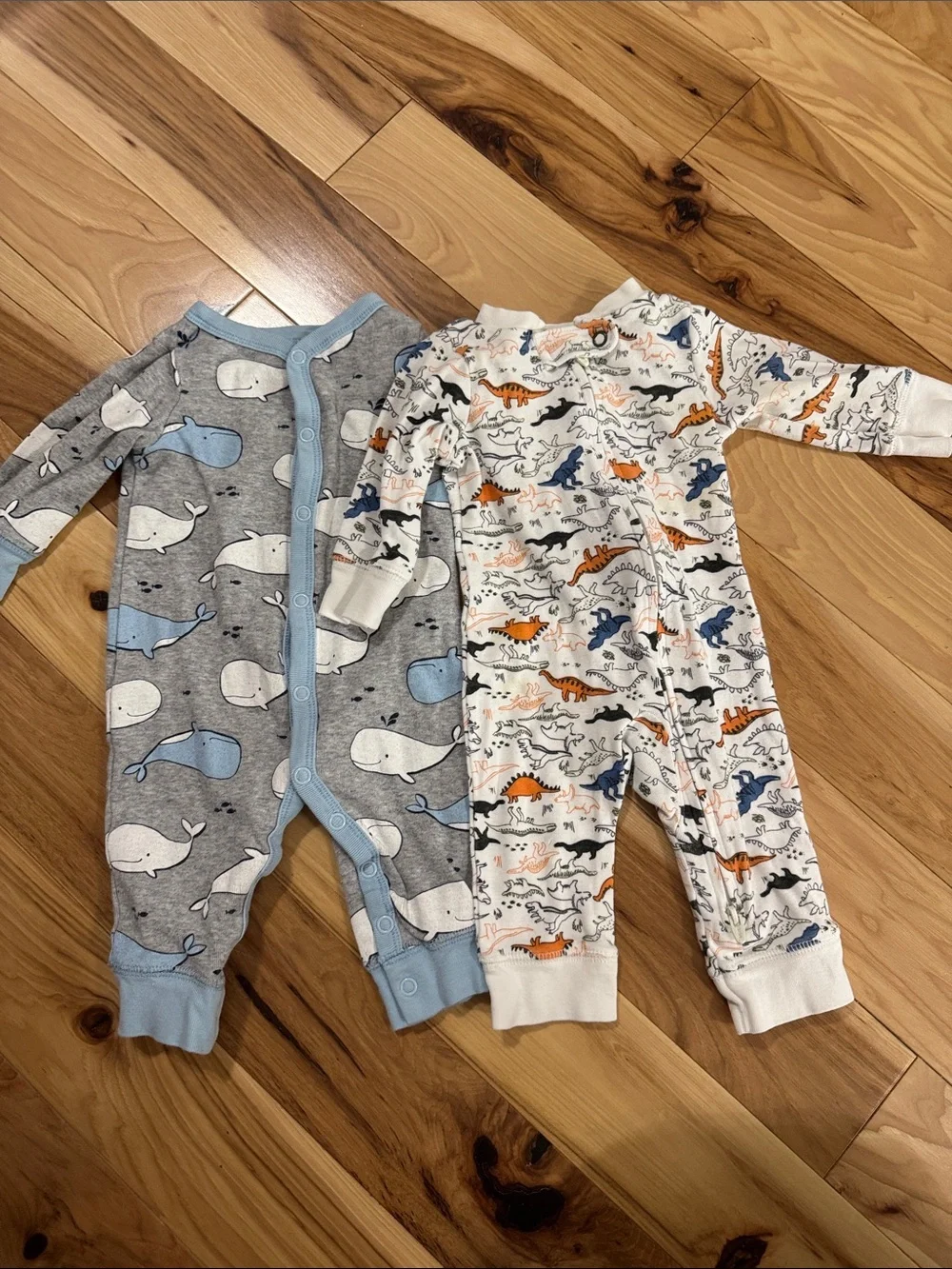 Carter's Gray & White Whale and Dino Print Baby One-Piece Footies - 2 Pack